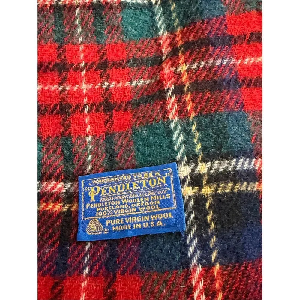 Pendleton Vintage USA Wool Blanket Red Green Plaid Fringed